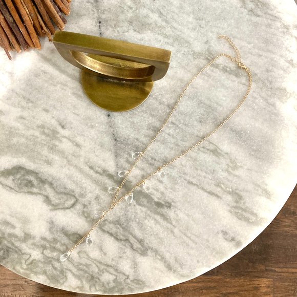 Water Drop Clear Crystal Pendant Gold Strand Necklace - Picture 3 of 8